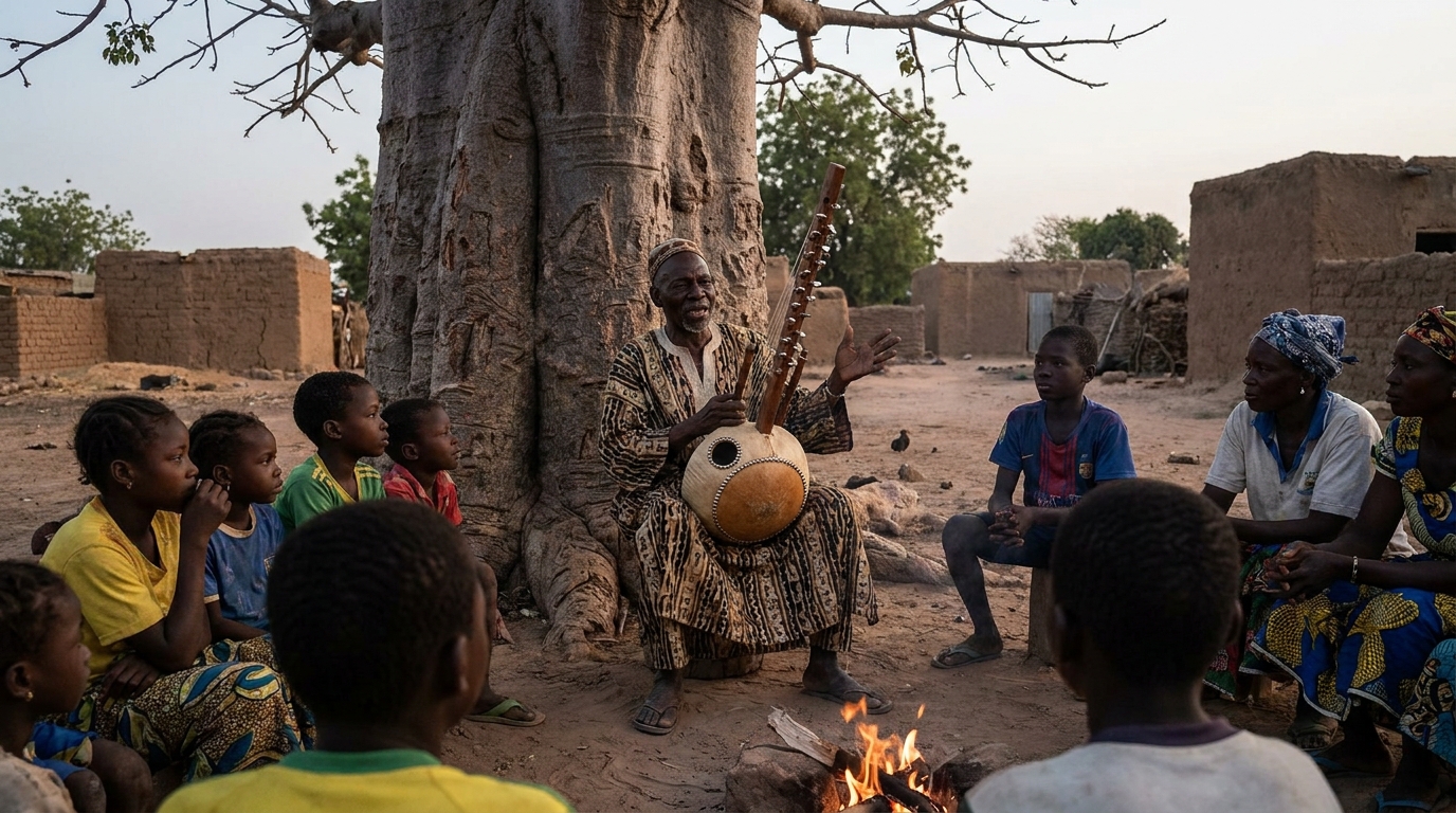 Griot storytelling under baobab tree